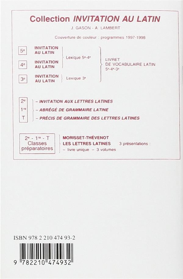 Invitation au latin 5e, 4e lexique Jacques Gason,Alain Lambert
