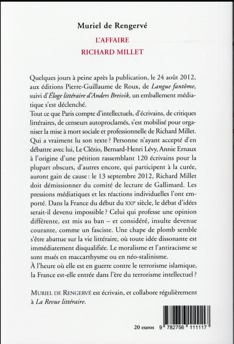 L' affaire richard millet Muriel De Rengerve 2756111112 Essais littéraires Cultura