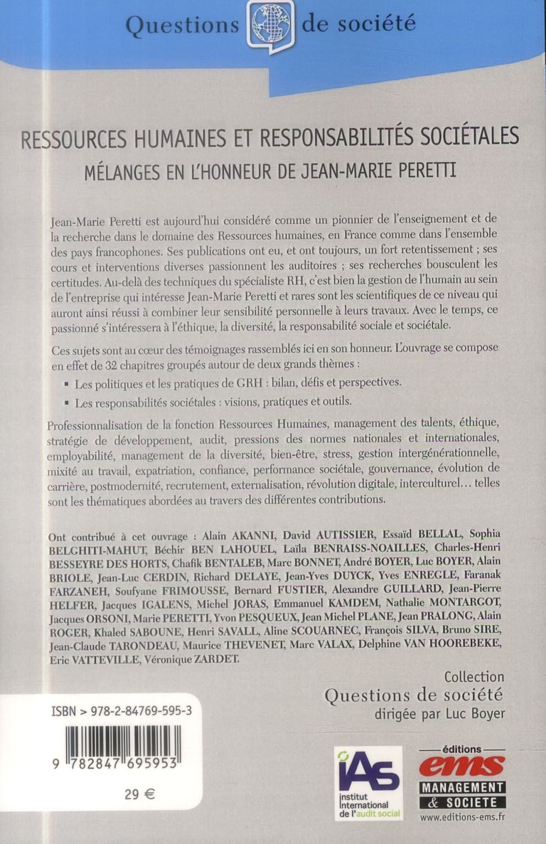 Gestion Des Ressources Humaines Jean Marie Peretti Ressources humaines et responsabilités sociétales - mélanges en l'honneur  de jean-marie peretti : Collectif - 2847695958 - Livre sur l'Entreprise |  Cultura