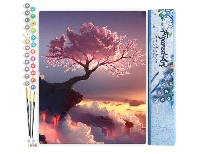 Peinture par Numéro Figured'Art - Arbre rose et Nuages - Kit de Loisir Créatif DIY Numéro d'Art Complet - 40x50cm sans châssis en bois