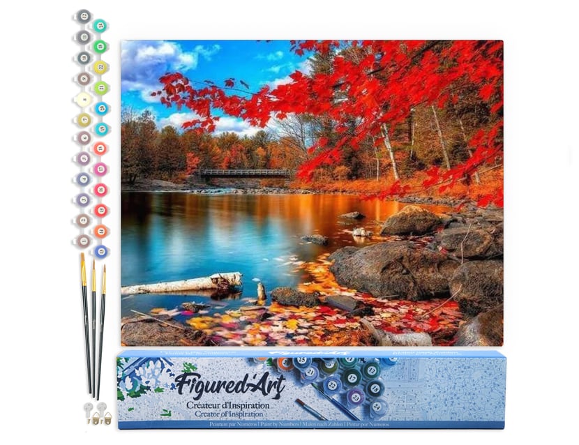 Peinture par Numéro Figured'Art - Rivière et Forêt d'Automne - Kit de Loisir Créatif DIY Numéro d'Art Complet - 40x50cm sans châssis en bois