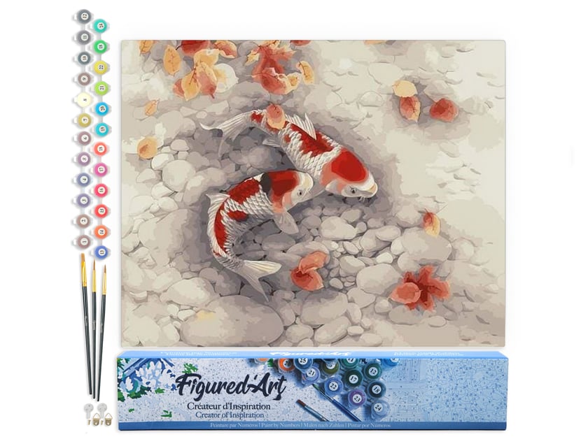 Peinture par Numéro Figured'Art - Duo de Carpes Koi - Kit de Loisir Créatif DIY Numéro d'Art Complet - 40x50cm sans châssis en bois