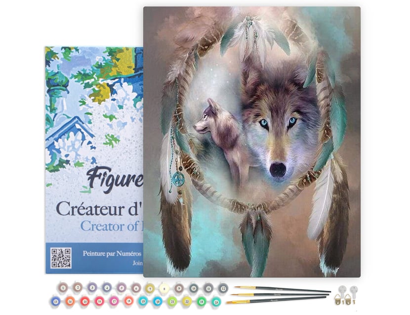 Peinture par Numéro Figured'Art avec Cadre - Loups et Plumes - Kit de Loisir Créatif DIY Numéro d'Art Complet - 40x50cm toile tendue sur châssis