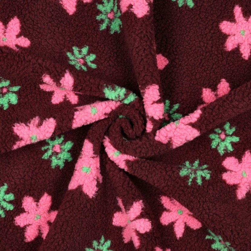Tissu Bouclette Teddy imprimé Mila fleurs roses sur fond Bordeaux ...