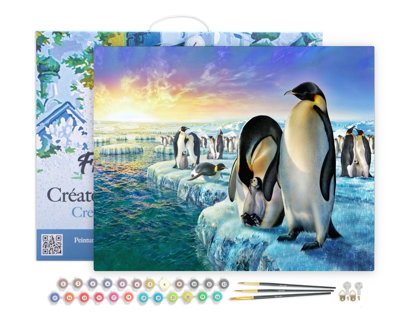 Peinture par Numéro Figured'Art avec Cadre - Pingouins sur la banquise - Kit de Loisir Créatif DIY Numéro d'Art - 40x50cm toile tendue sur châssis