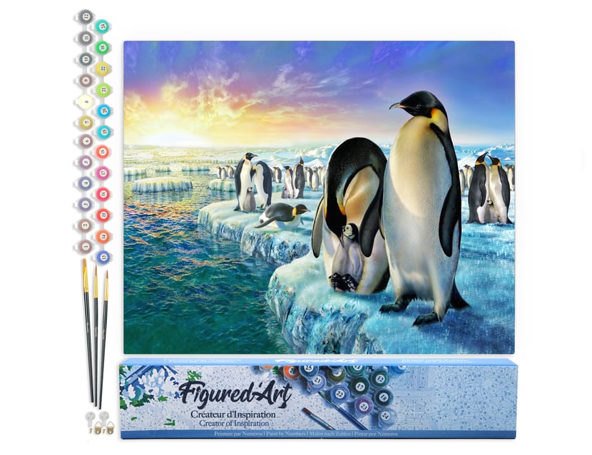 Peinture par Numéro Figured'Art - Pingouins sur la banquise - Kit de Loisir Créatif DIY Numéro d'Art Complet - 40x50cm sans châssis en bois