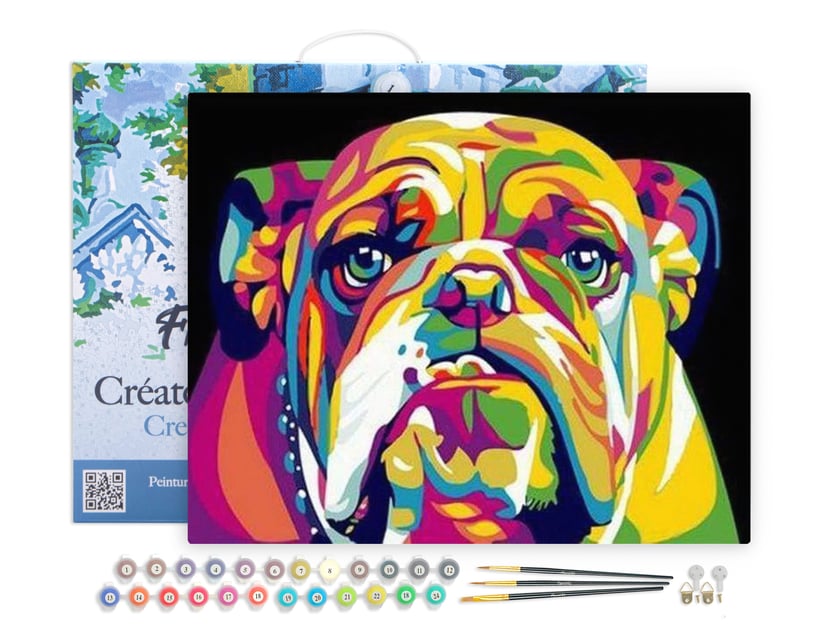Peinture par Numéro Figured'Art avec Cadre - Bulldog Pop Art - Kit de Loisir Créatif DIY Numéro d'Art Complet - 40x50cm toile tendue sur châssis