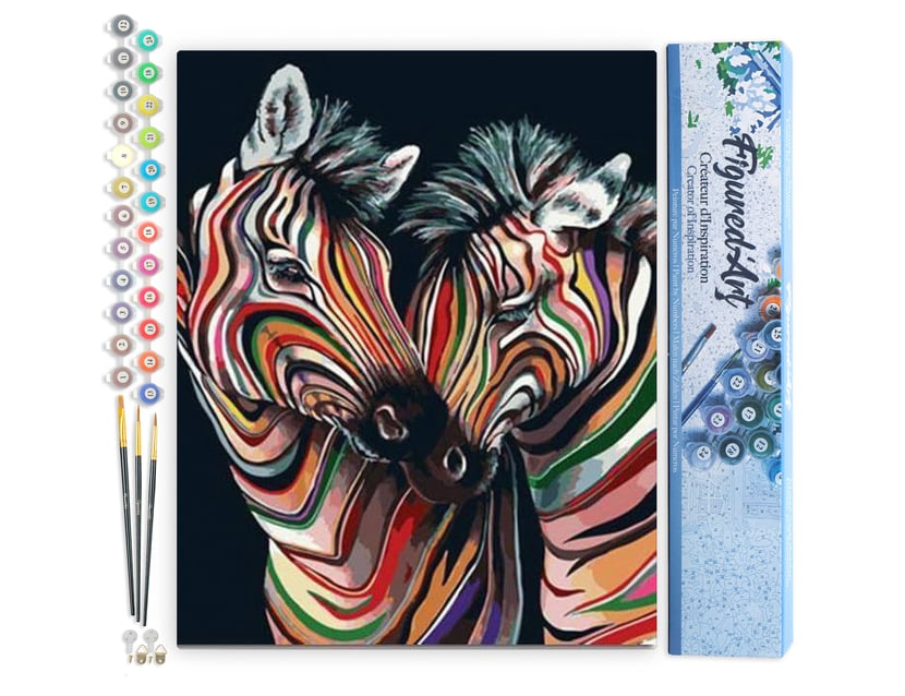 Peinture par Numéro Figured'Art - Couple de Zèbres colorés - Kit de Loisir Créatif DIY Numéro d'Art Complet - 40x50cm sans châssis en bois