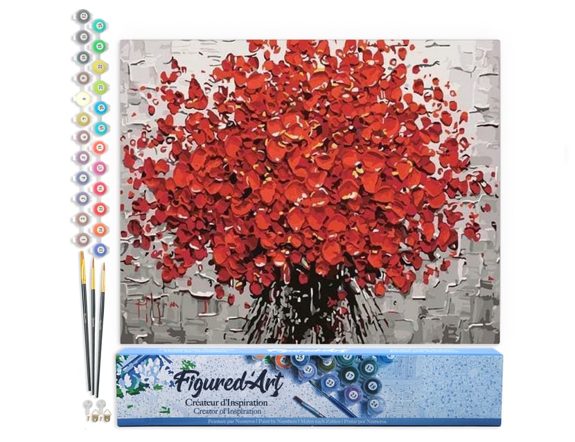Peinture par Numéro Figured'Art - Fleurs rouges abstraites - Kit de Loisir Créatif DIY Numéro d'Art Complet - 40x50cm sans châssis en bois