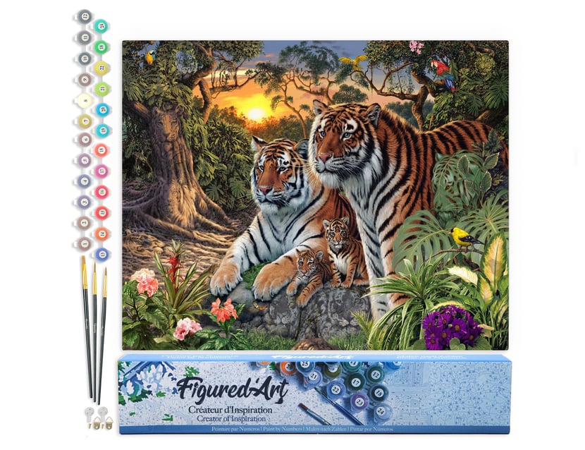 Peinture par Numéro Figured'Art - Famille de Tigre - Kit de Loisir Créatif DIY Numéro d'Art Complet - 40x50cm sans châssis en bois
