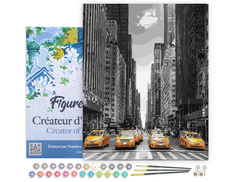 Peinture par Numéro Figured'Art avec Cadre - Ville Moderne et Taxis Jaunes - Kit de Loisir Créatif Numéro d'Art - 40x50cm toile tendue sur châssis
