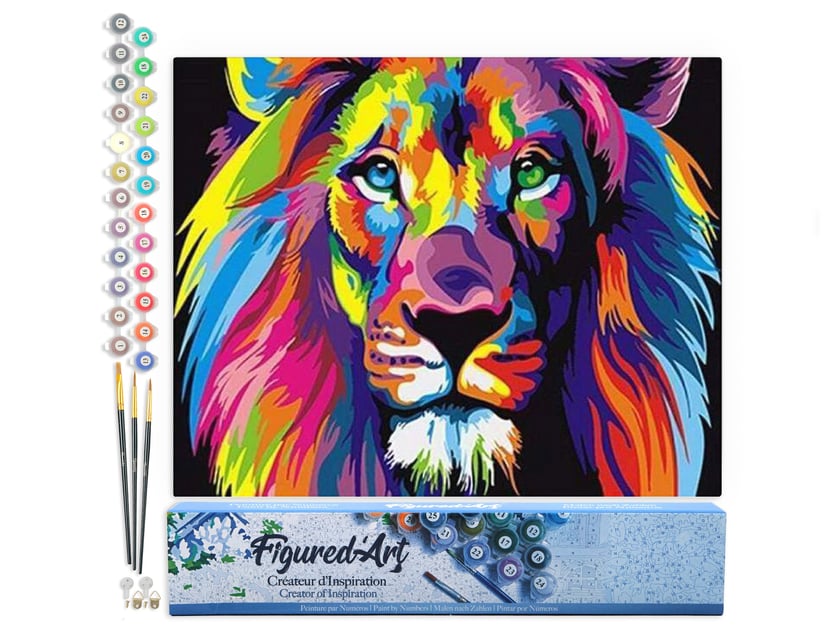 Peinture par Numéro Figured'Art - Lion Pop Art - Kit de Loisir Créatif DIY Numéro d'Art Complet - 40x50cm sans châssis en bois
