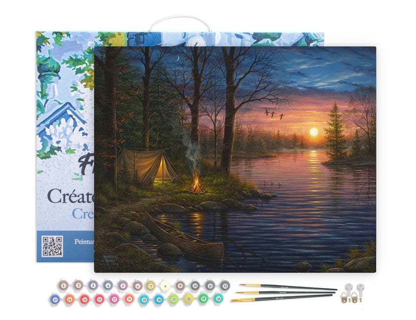 Peinture par Numéro Figured'Art avec Cadre - Camping au bord du lac - Kit de Loisir Créatif DIY Numéro d'Art - 40x50cm toile tendue sur châssis