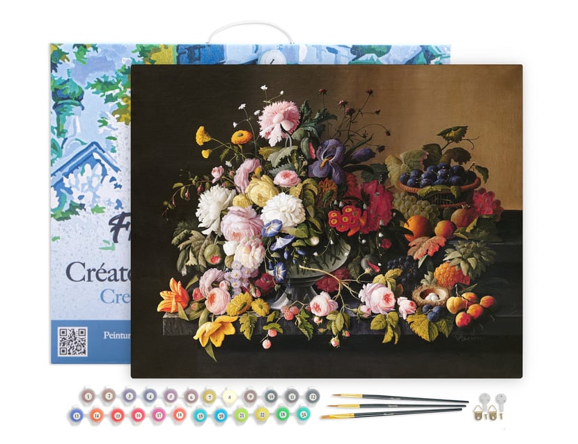 Peinture par Numéro Figured'Art avec Cadre - Fleurs et Fruits - Severin Roesen - Loisir Créatif Numéro d'Art - 40x50cm toile tendue sur châssis