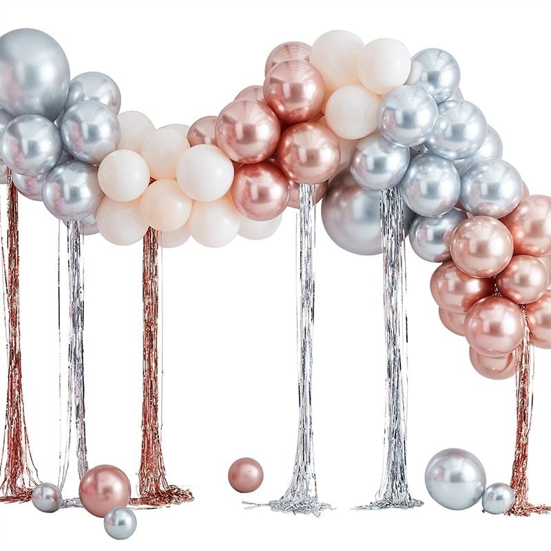 Kit Arche de 95 Ballons Métalliques - Rose Gold Argent et Ivoire