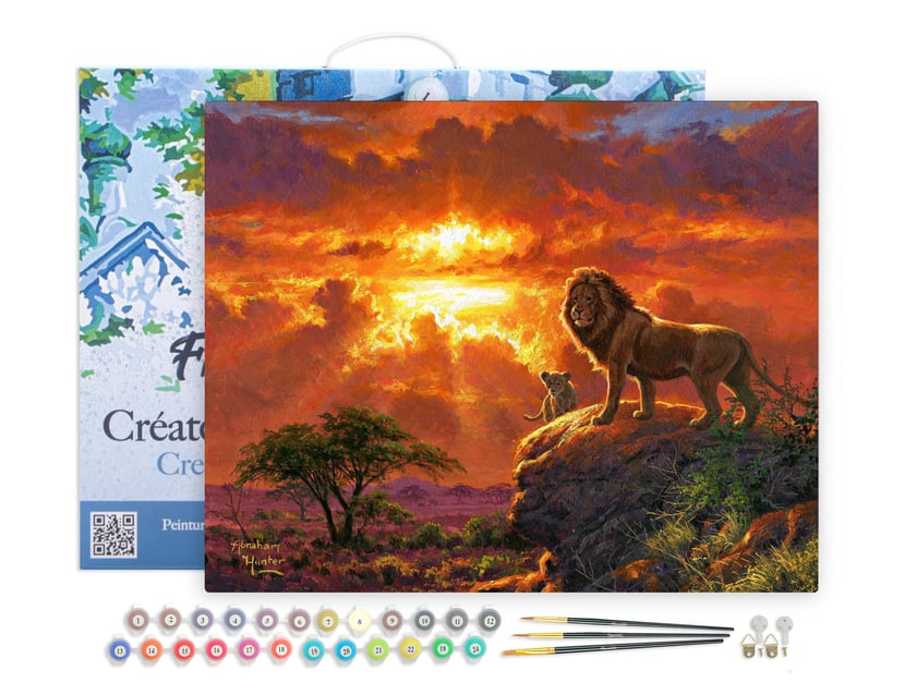 Peinture par Numéro Figured'Art avec Cadre - Lion au coucher de soleil - Kit de Loisir Créatif DIY Numéro d'Art - 40x50cm toile tendue sur châssis