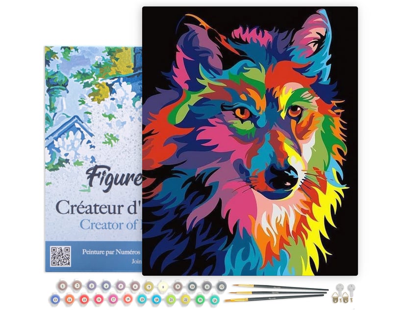 Peinture par Numéro Figured'Art avec Cadre - Loup Pop Art - Kit de Loisir Créatif DIY Numéro d'Art Complet - 40x50cm toile tendue sur châssis