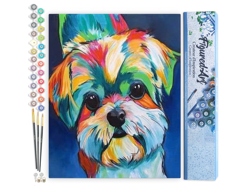Peinture par Numéro Figured'Art - Chien en couleurs 2 - Kit de Loisir Créatif DIY Numéro d'Art Complet - 40x50cm sans châssis en bois