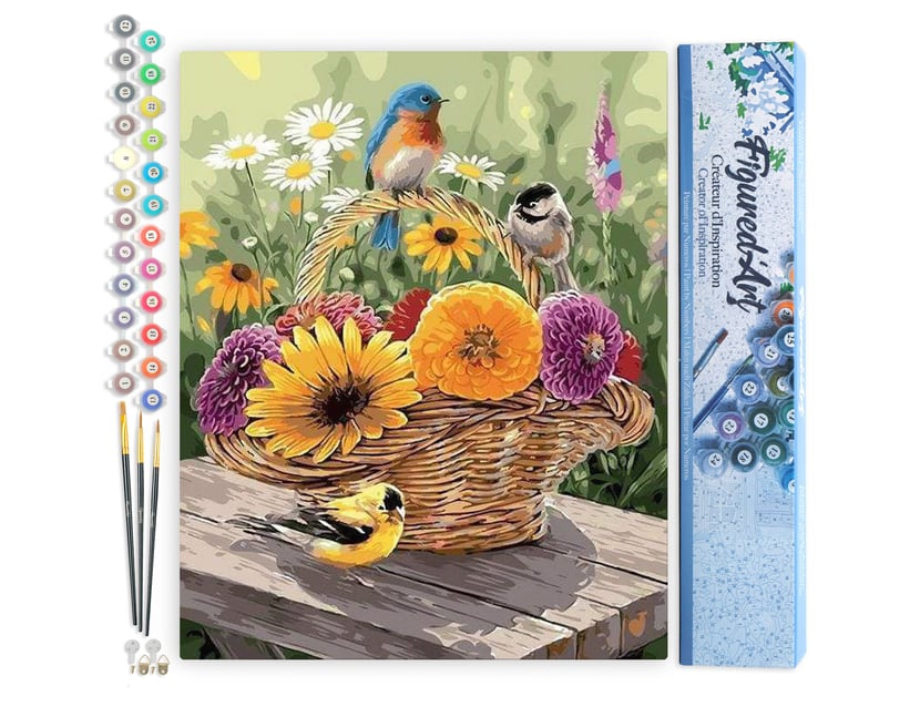 Peinture par Numéro Figured'Art - Fleurs dans un Panier et Oiseaux - Kit de Loisir Créatif DIY Numéro d'Art Complet - 40x50cm sans châssis en bois