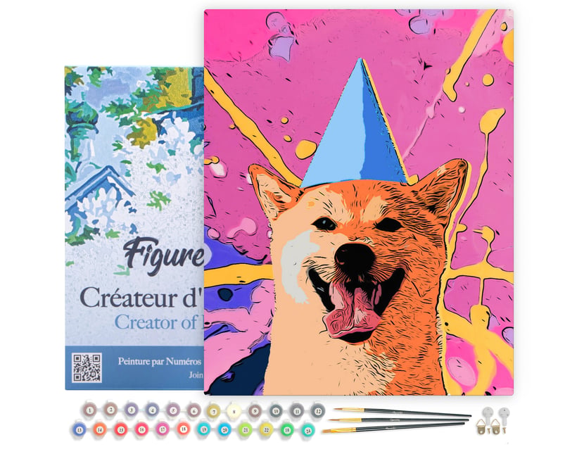 Peinture par Numéro Figured'Art avec Cadre - Chien souriant pop art - Kit de Loisir Créatif DIY Numéro d'Art - 40x50cm toile tendue sur châssis