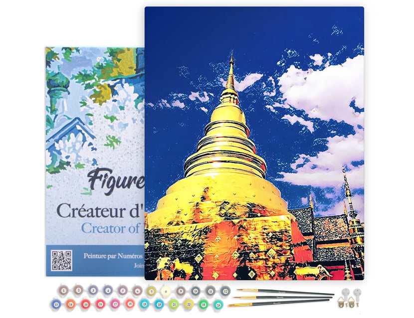 Peinture par Numéro Figured'Art avec Cadre - Temple de Chiangmai - Kit de Loisir Créatif DIY Numéro d'Art Complet - 40x50cm toile tendue sur châssis