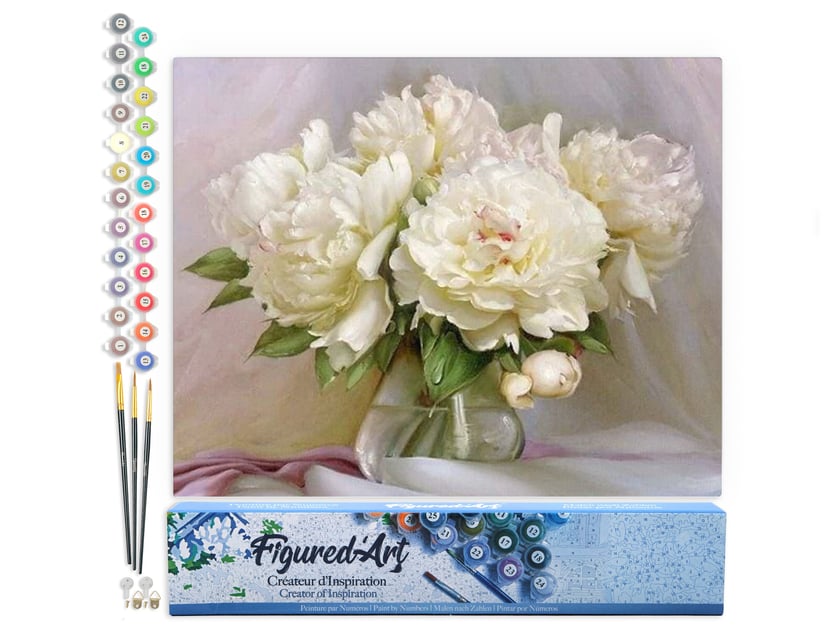 Peinture par Numéro Figured'Art - Pivoines blanches - Kit de Loisir Créatif DIY Numéro d'Art Complet - 40x50cm sans châssis en bois