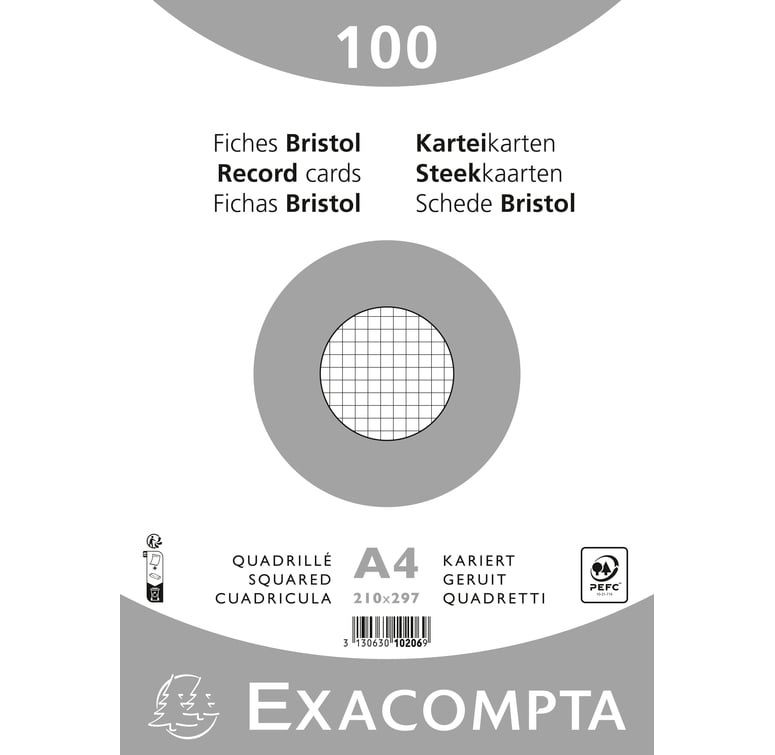 EXACOMPTA Sachet de 100 fiches bristol (sous-film) non perforées 210x297mm ( A4) quadrillées 5x5 Blanc - Direct Papeterie.com