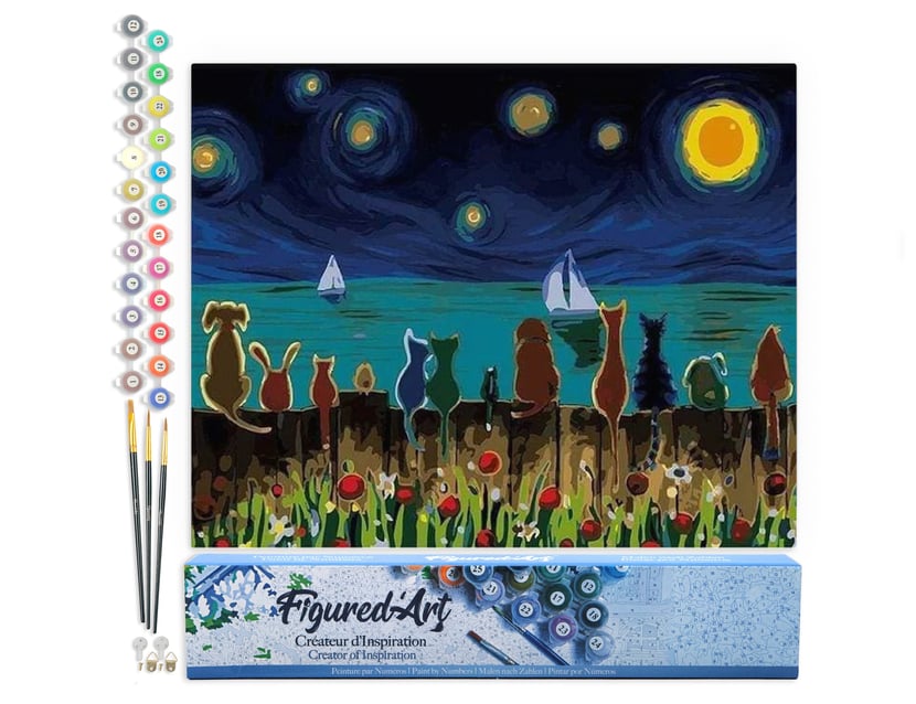 Peinture par Numéro Figured'Art - Nuit étoilée et Animaux de dos - Kit de Loisir Créatif DIY Numéro d'Art Complet - 40x50cm sans châssis en bois