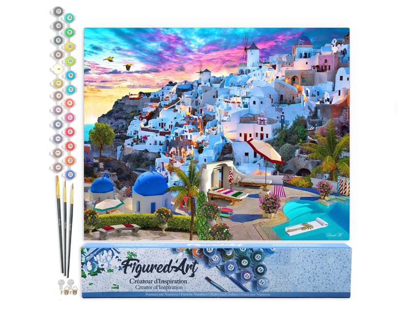 Peinture par Numéro Figured'Art - Paysage de Grèce - Kit de Loisir Créatif DIY Numéro d'Art Complet - 40x50cm sans châssis en bois