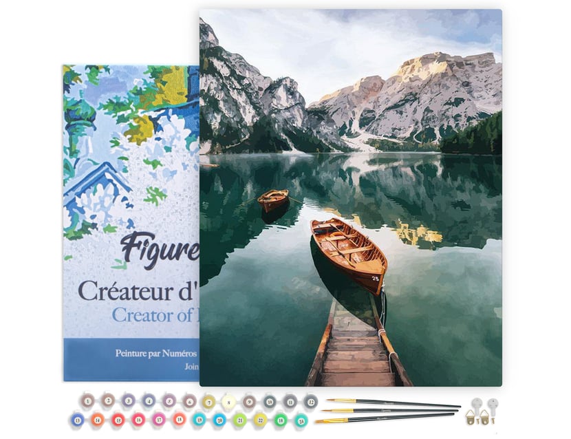 Peinture par Numéro Figured'Art avec Cadre - Barque et lac de montagne taille - Kit de Loisir Créatif Numéro d'Art - 40x50cm toile tendue sur châssis