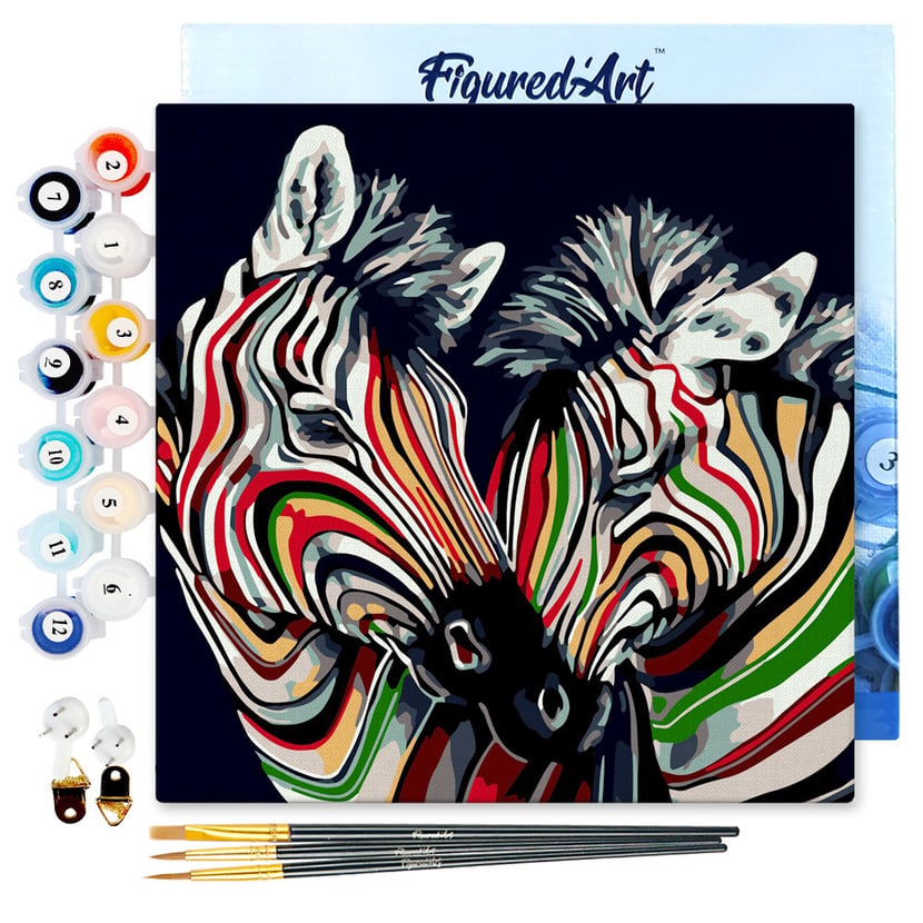 Mini Peinture par Numéro Figured'Art 20x20cm avec cadre Couple de Zèbres colorés - Petit Format