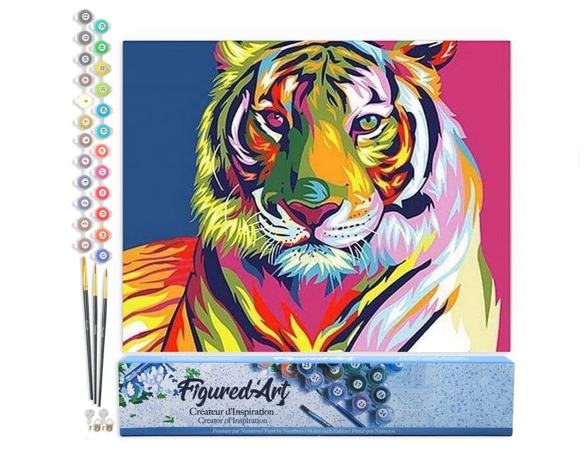 Peinture par Numéro Figured'Art - Tigre Pop Art 2 - Kit de Loisir Créatif DIY Numéro d'Art Complet - 40x50cm sans châssis en bois