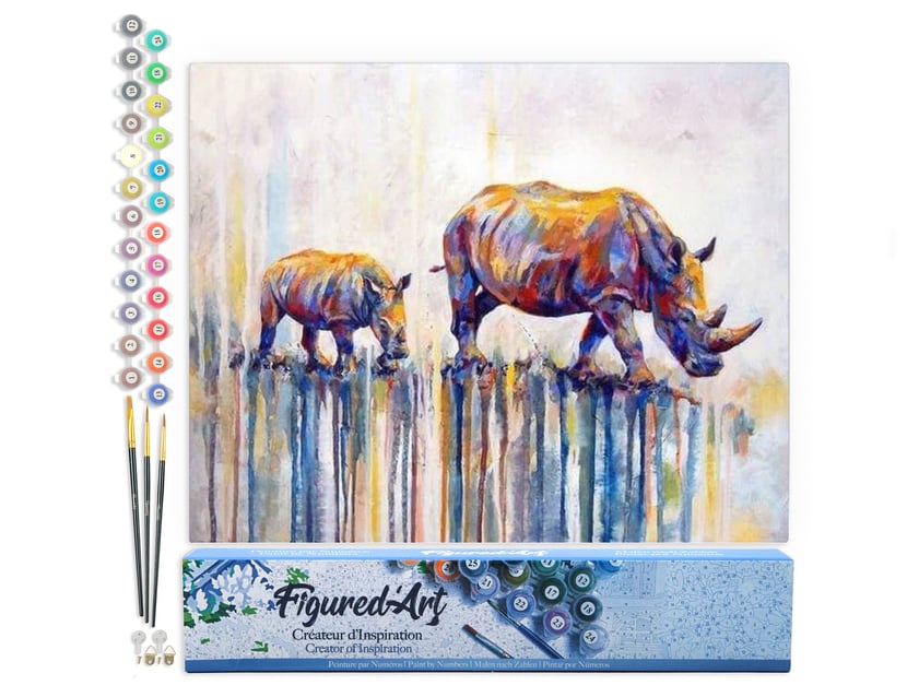 Peinture par Numéro Figured'Art - Maman et Bébé Rhinocéros - Kit de Loisir Créatif DIY Numéro d'Art Complet - 40x50cm sans châssis en bois