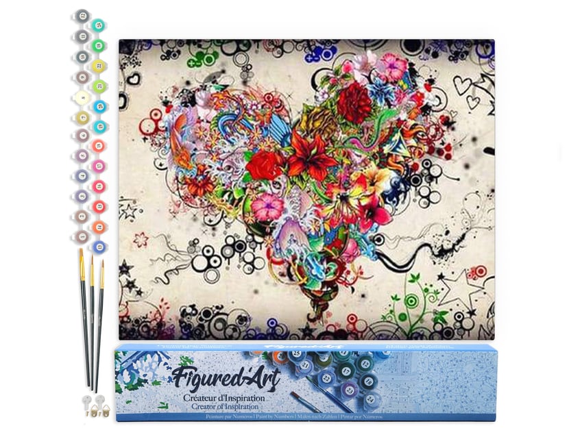 Peinture par Numéro Figured'Art - Coeur de Fleurs - Kit de Loisir Créatif DIY Numéro d'Art Complet - 40x50cm sans châssis en bois