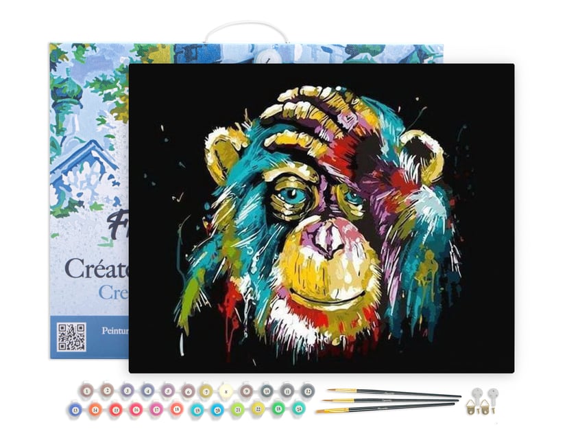 Peinture par Numéro Figured'Art avec Cadre - Babouin Pop Art - Kit de Loisir Créatif DIY Numéro d'Art Complet - 40x50cm toile tendue sur châssis
