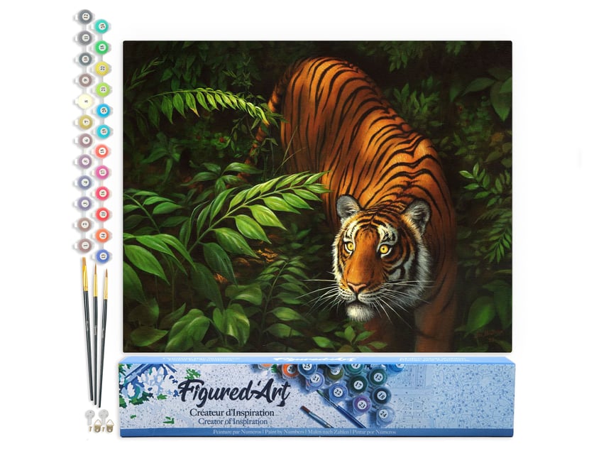 Peinture par Numéro Figured'Art - Tigre dans les fougères - Kit de Loisir Créatif DIY Numéro d'Art Complet - 40x50cm sans châssis en bois