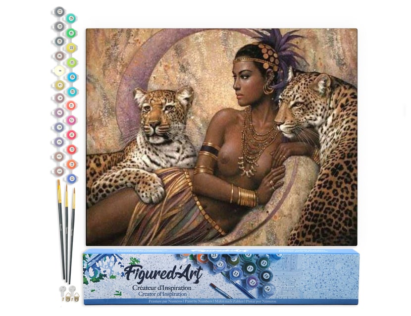 Peinture par Numéro Figured'Art - Déesse et Léopards - Kit de Loisir Créatif DIY Numéro d'Art Complet - 40x50cm sans châssis en bois