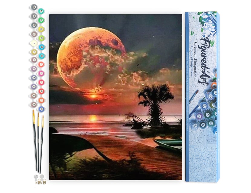 Peinture par Numéro Figured'Art - Ponton et grosse lune - Kit de Loisir Créatif DIY Numéro d'Art Complet - 40x50cm sans châssis en bois