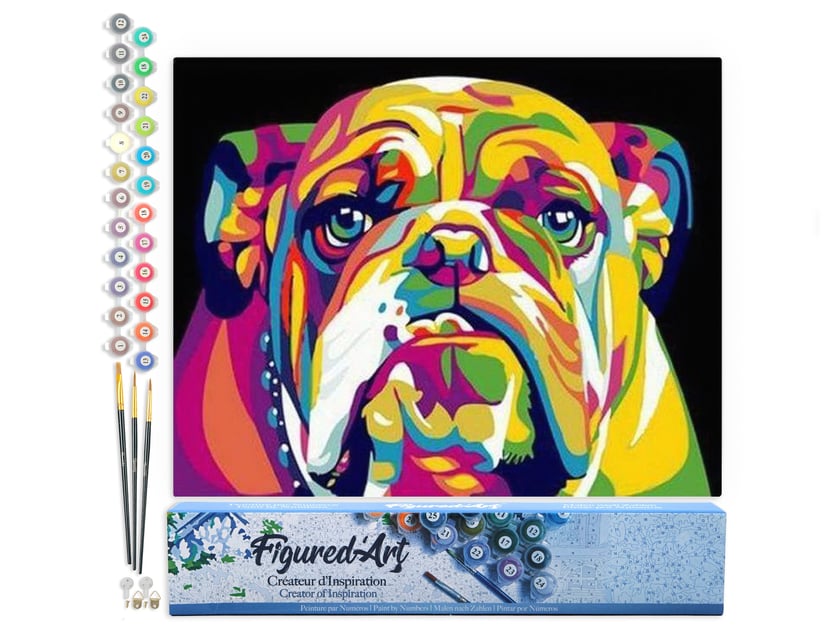 Peinture par Numéro Figured'Art - Bulldog Pop Art - Kit de Loisir Créatif DIY Numéro d'Art Complet - 40x50cm sans châssis en bois