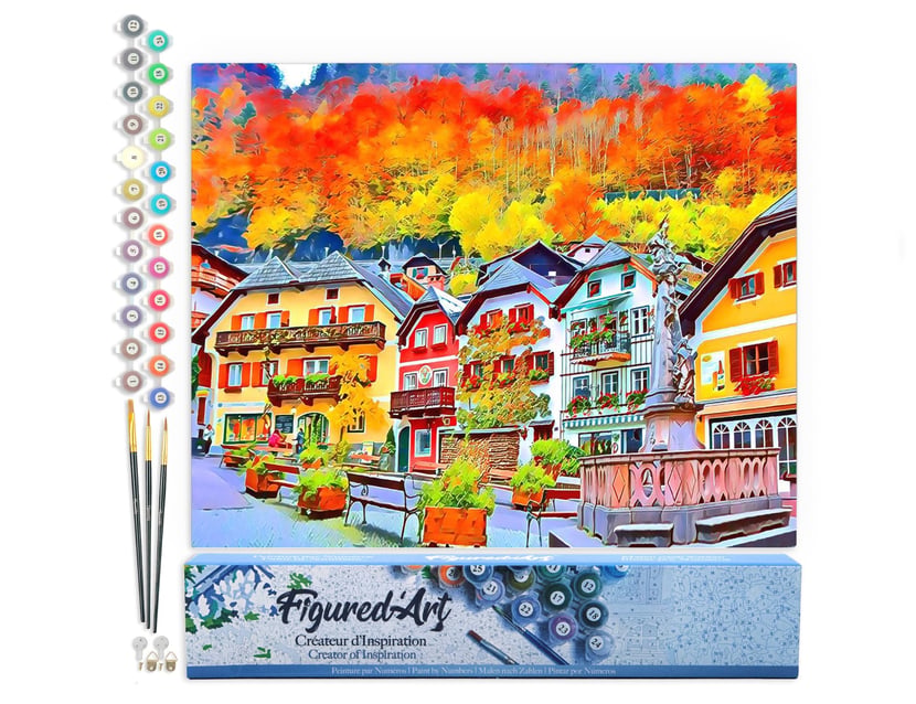 Peinture par Numéro Figured'Art - Village Suisse coloré - Kit de Loisir Créatif DIY Numéro d'Art Complet - 40x50cm sans châssis en bois