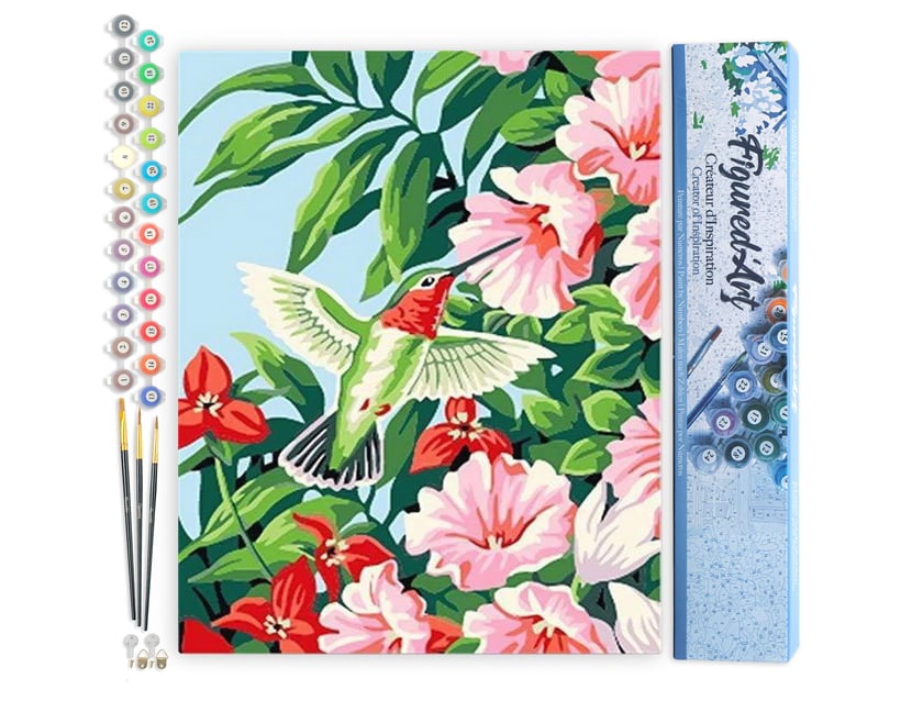 Peinture par Numéro Figured'Art - Colibri dans les Fleurs - Kit de Loisir Créatif DIY Numéro d'Art Complet - 40x50cm sans châssis en bois