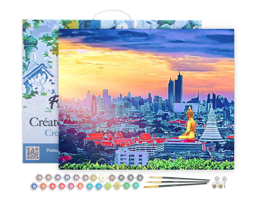 Peinture par Numéro Figured'Art avec Cadre - Buddha Bangkok - Kit de Loisir Créatif DIY Numéro d'Art Complet - 40x50cm toile tendue sur châssis