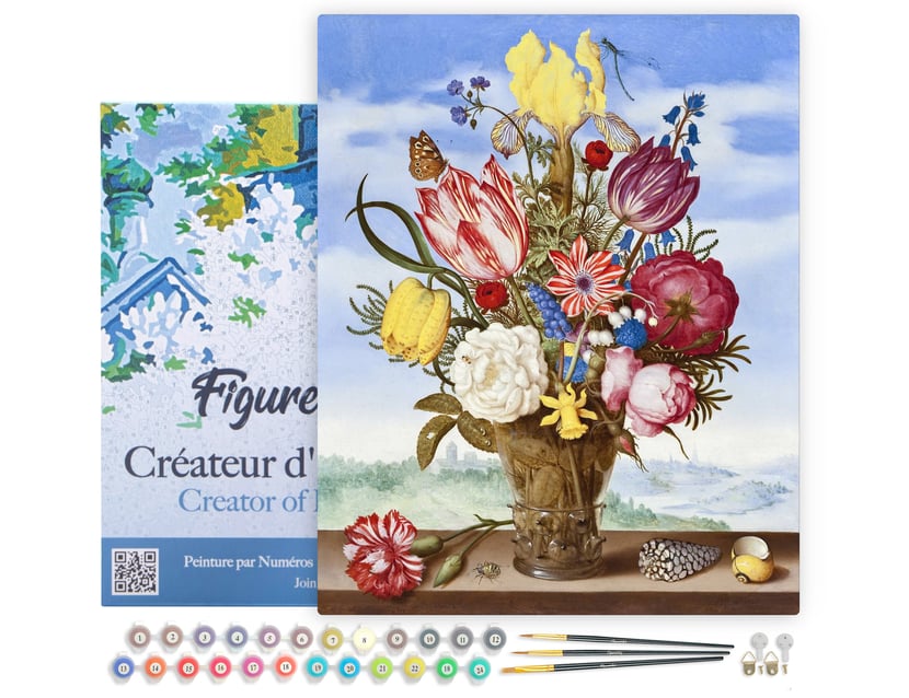 Peinture par Numéro Figured'Art avec Cadre - Bouquet de Fleurs - Ambrosius Bosschaert - Numéro d'Art - 40x50cm toile tendue sur châssis