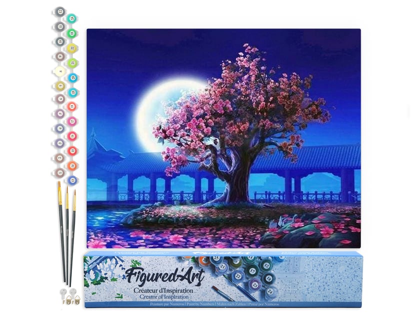 Peinture par Numéro Figured'Art - Arbre et grande Lune - Kit de Loisir Créatif DIY Numéro d'Art Complet - 40x50cm sans châssis en bois