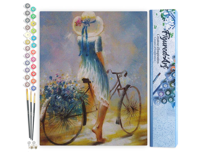 Peinture par Numéro Figured'Art - Jeune femme à bicyclette - Kit de Loisir Créatif DIY Numéro d'Art Complet - 40x50cm sans châssis en bois
