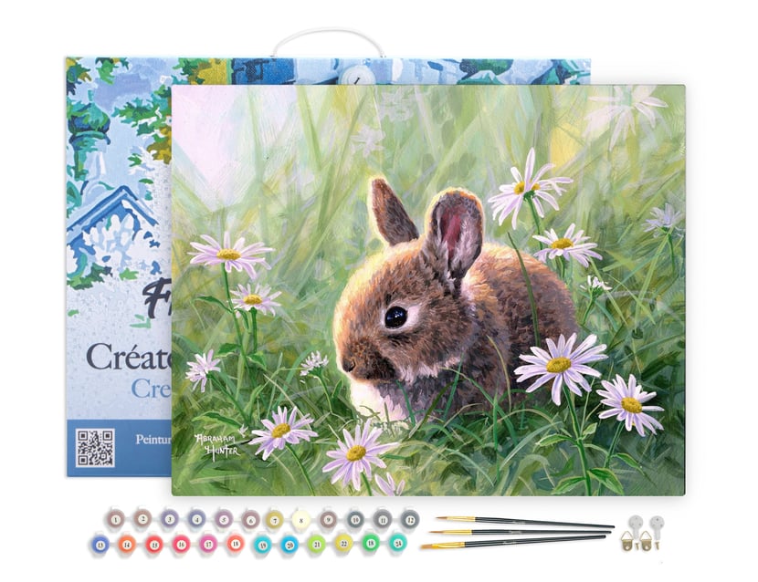 Peinture par Numéro Figured'Art avec Cadre - Lapin et marguerites - Kit de Loisir Créatif DIY Numéro d'Art - 40x50cm toile tendue sur châssis