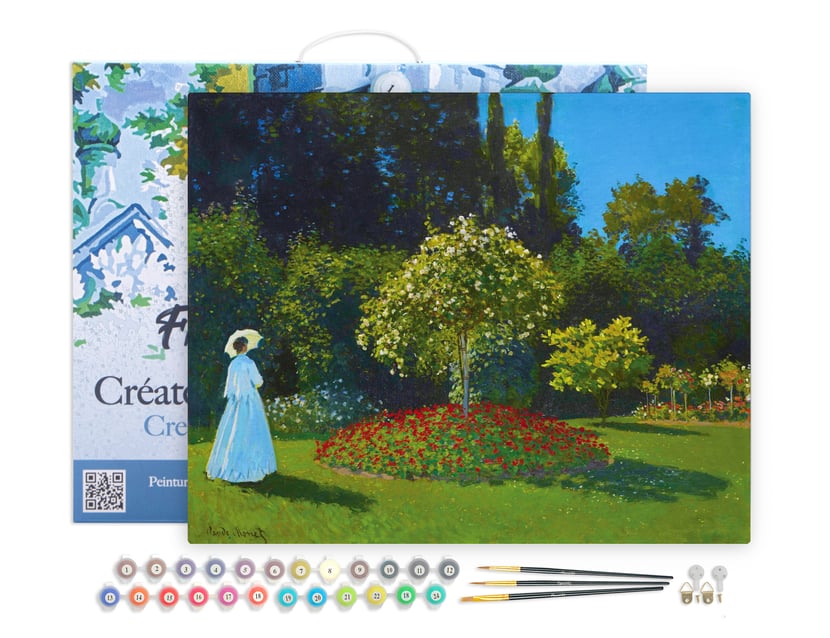 Peinture par Numéro Figured'Art avec Cadre - Dame en blanc au jardin - Monet - Kit de Loisir Créatif Numéro d'Art - 40x50cm toile tendue sur châssis