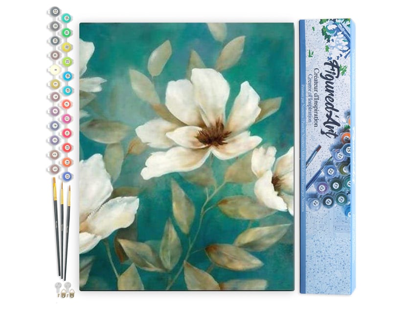 Peinture par Numéro Figured'Art - Fleurs blanches abstraites - Kit de Loisir Créatif DIY Numéro d'Art Complet - 40x50cm sans châssis en bois