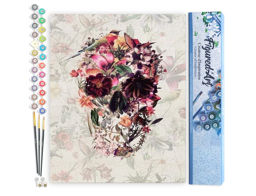 Peinture par Numéro Figured'Art - Crâne fleuri - Kit de Loisir Créatif DIY Numéro d'Art Complet - 40x50cm sans châssis en bois