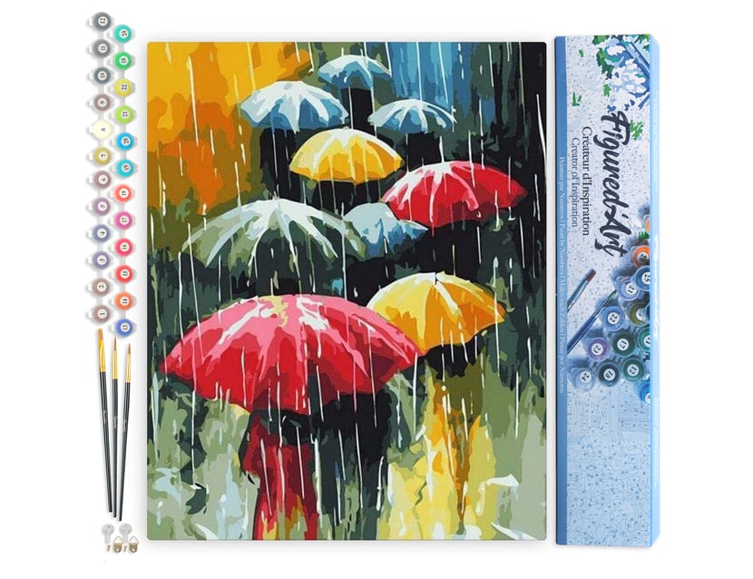 Peinture par Numéro Figured'Art - Farandole de Parapluies - Kit de Loisir Créatif DIY Numéro d'Art Complet - 40x50cm sans châssis en bois